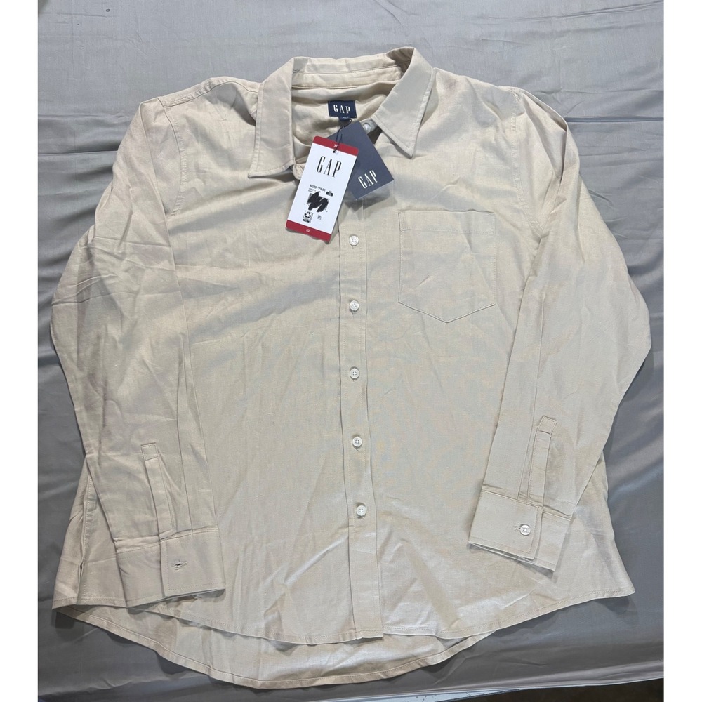 Gap Women XL Linen Blend Button Down Shirt Beige Tan Long Sleeve Pocket New